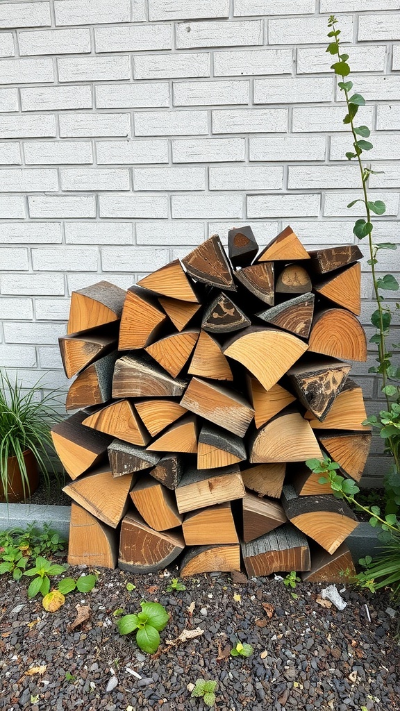 A stack of firewood arranged neatly against a light brick wall, with some greenery around it.