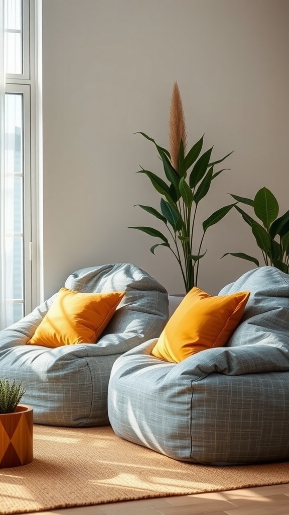 A cozy living room corner with grey bean bags, gold cushions, and a tall plant.