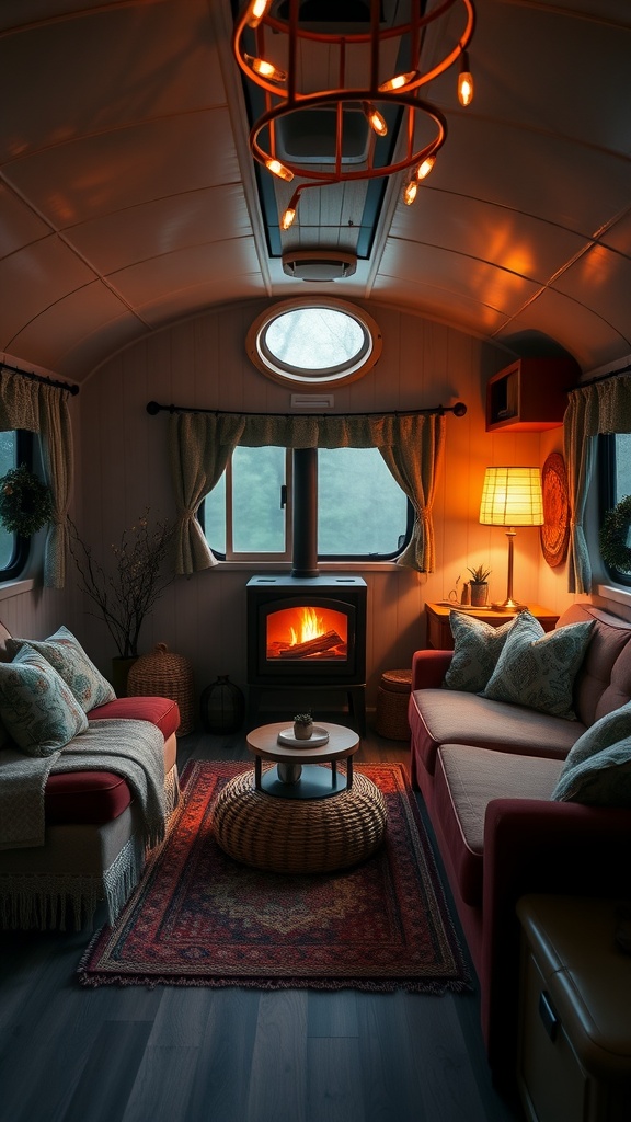 Cozy living room in a trailer house with a small fireplace, plush red furniture, and warm lighting.