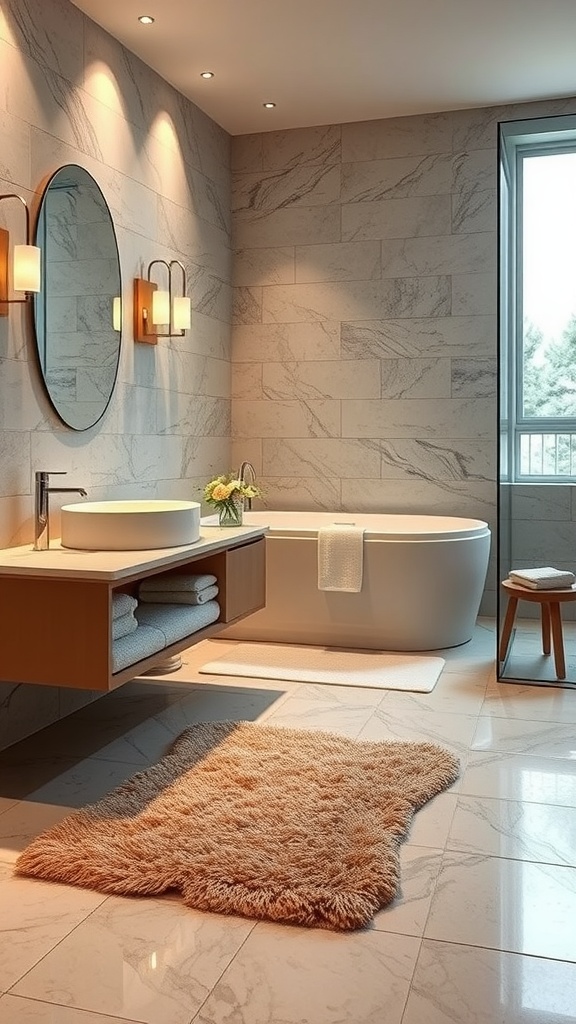 A modern bathroom with heated floors, featuring a plush rug, stylish tub, and elegant fixtures.