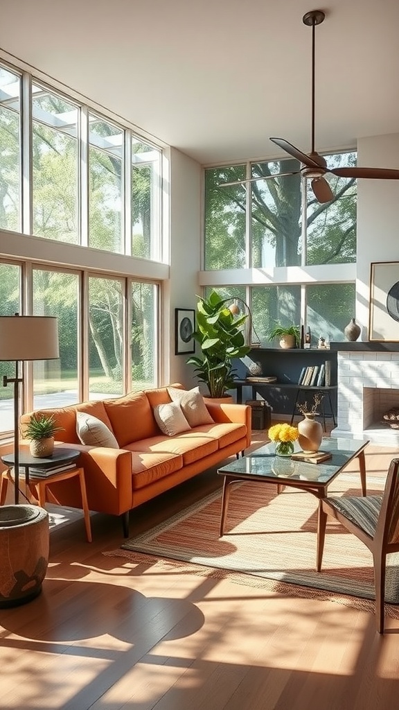 A midcentury modern living room with large windows, an orange sofa, plants, and a coffee table.