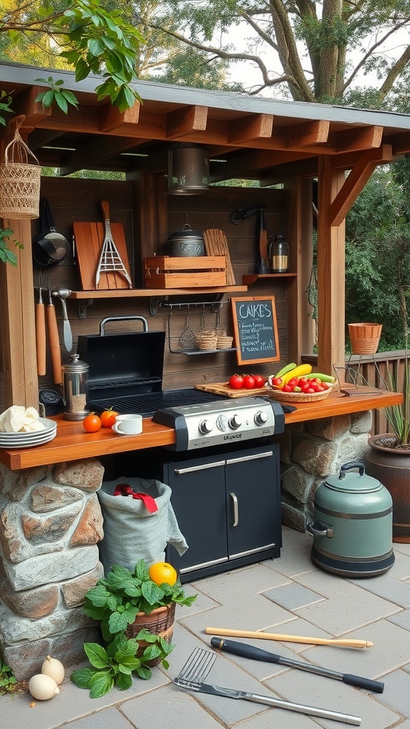 A cozy outdoor grill station made from wood and stone, featuring a grill, fresh produce, kitchen tools, and a chalkboard.