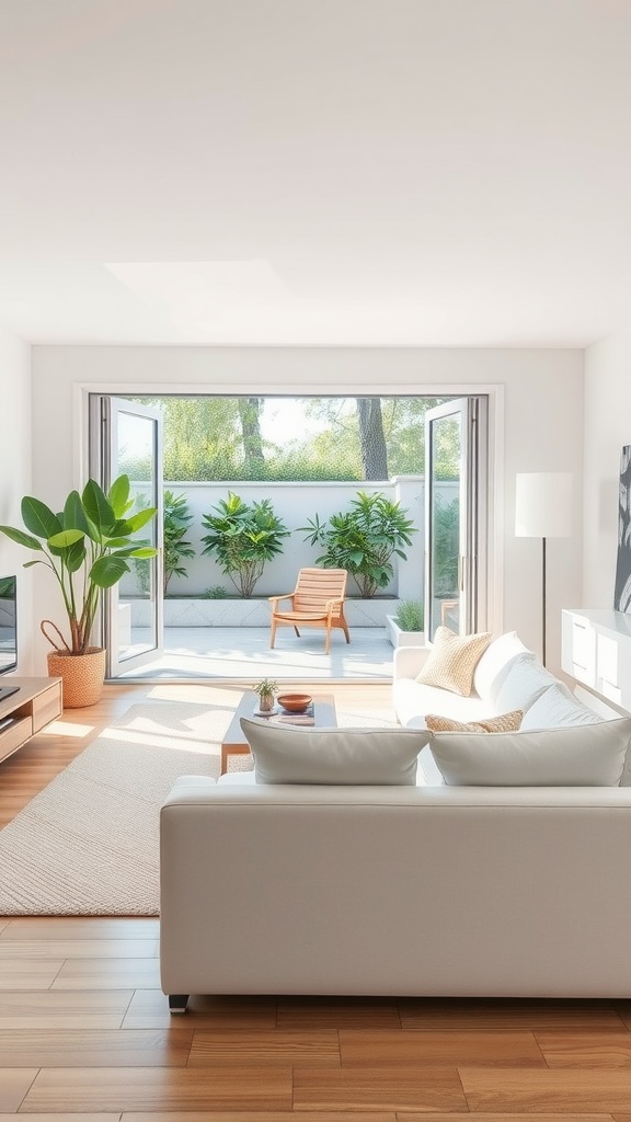 Bright living room with white couch, open doors to patio, and greenery outside