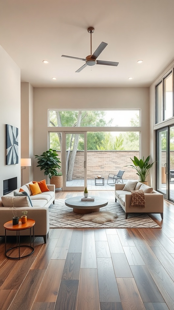 A bright living room with large windows and modern furniture, opening up to an outdoor patio.