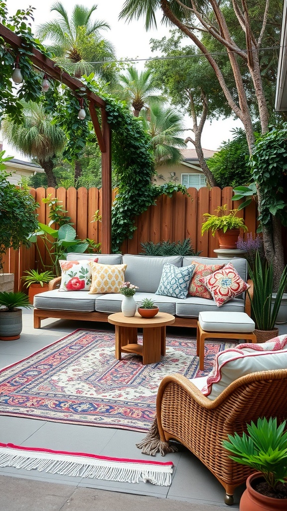 Cozy outdoor lounge area with a couch, coffee table, and plants