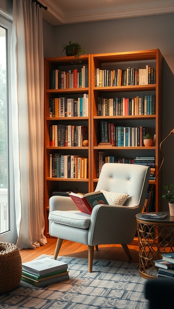 A cozy reading nook featuring a light gray chair, wooden bookshelf filled with books, and warm lighting.