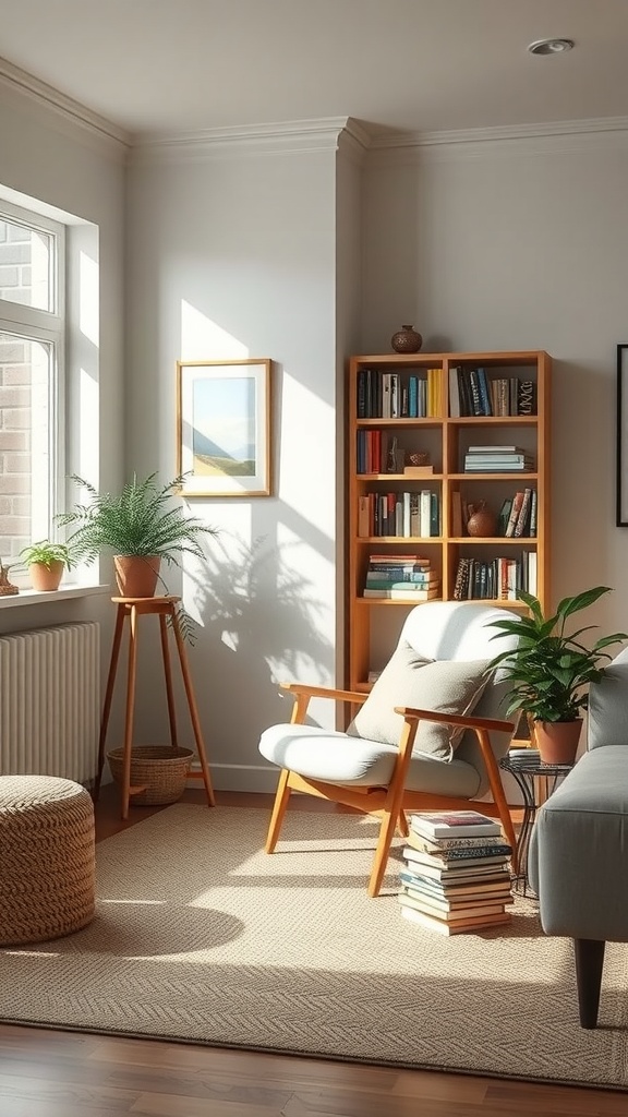 A cozy reading nook in a neutral living room featuring a comfortable chair, plants, and a bookshelf.