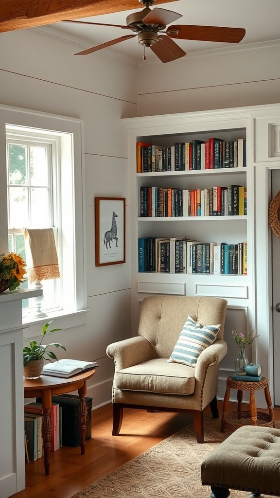 A cozy reading nook with a beige armchair, striped pillow, and a bookshelf filled with books.