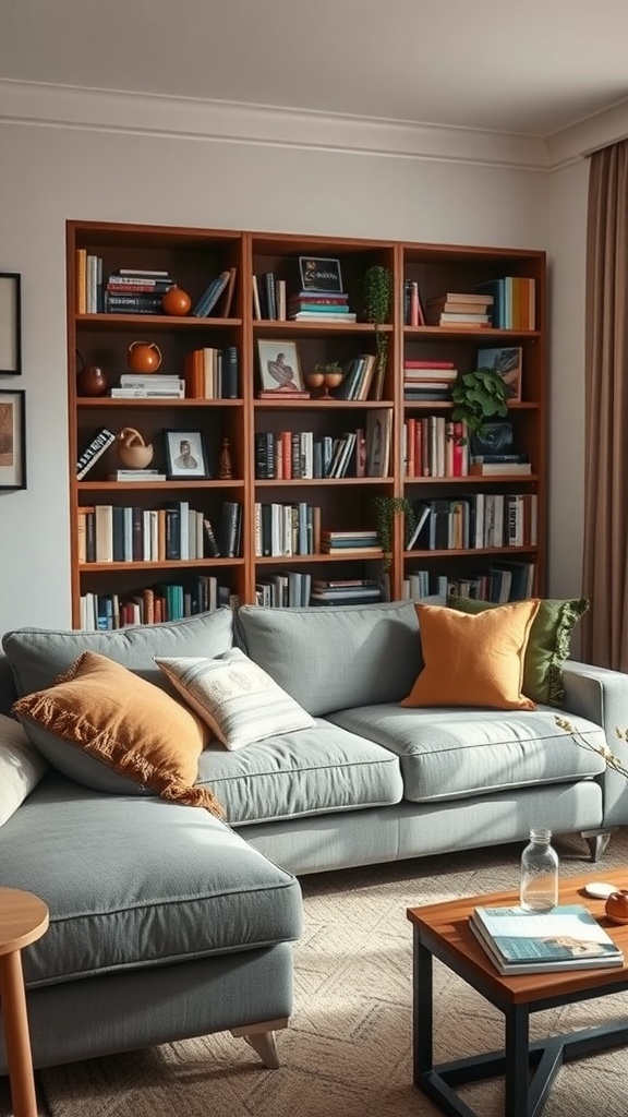 Cozy living room with a grey couch, colorful pillows, and a bookshelf filled with books