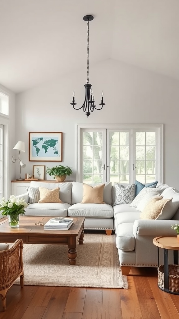 Cozy French country living room with a light sectional sofa, wooden coffee table, and natural light from large windows.