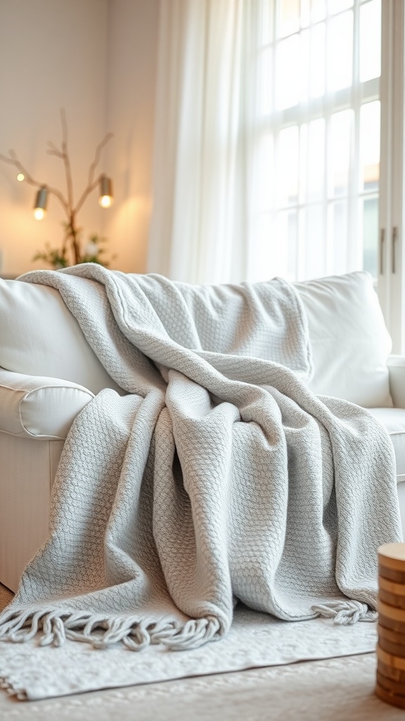 A cozy silver throw blanket draped over a white sofa in a well-lit living room