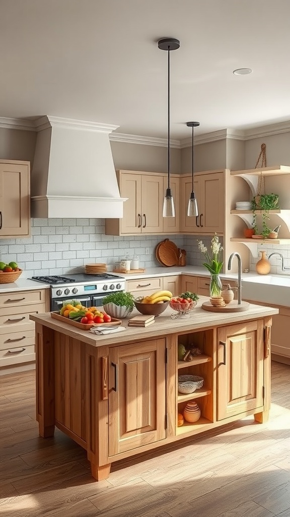 A modern kitchen with a wooden island featuring fresh fruits and vegetables, creating a snack station.