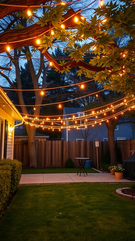 A backyard with a canopy of string lights hanging between trees, creating a cozy evening atmosphere.