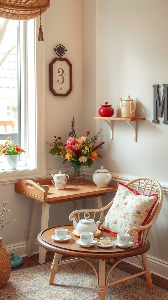 A cozy living room corner featuring a tea station with a round table, teapot, cups, and a floral arrangement.