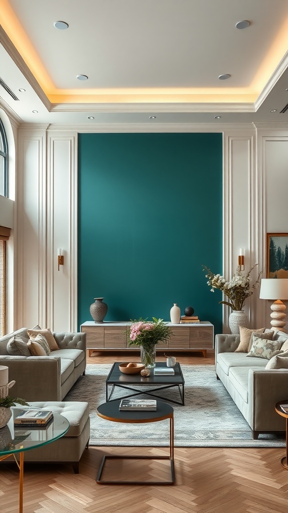 Living room with a jade green accent wall, light-colored sofas, and modern decor.