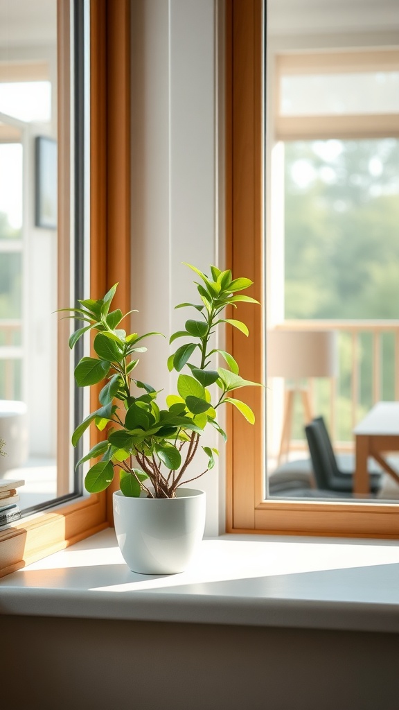 A jade plant in a white pot on a windowsill, surrounded by natural light.