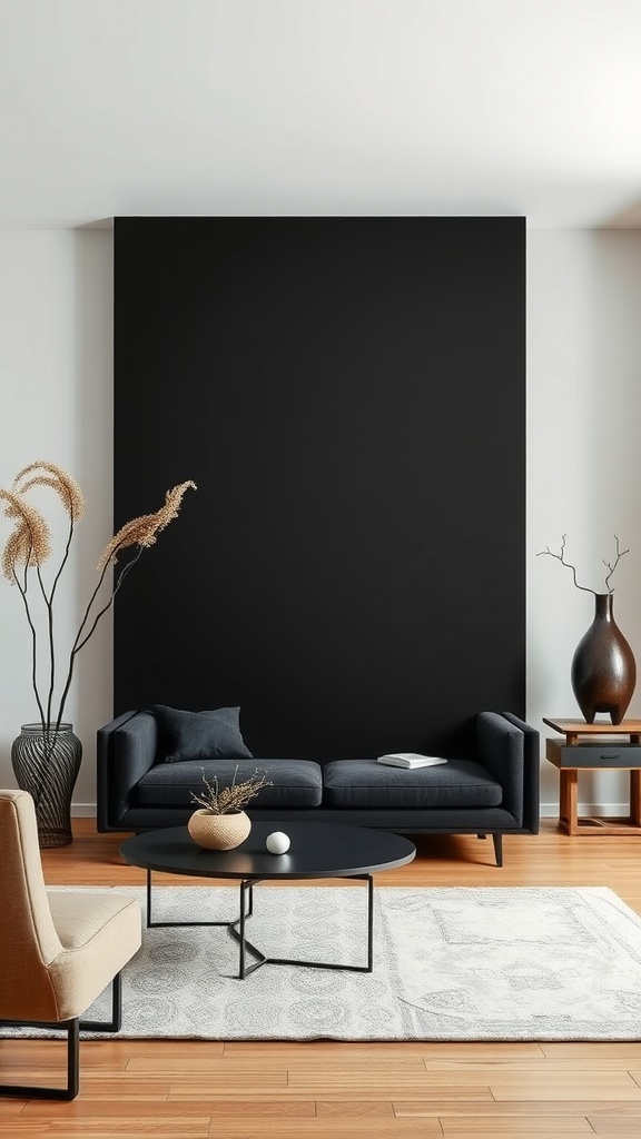 A Japanese Zen-inspired living room with a black accent wall, featuring a modern sofa, coffee table, and decorative vases.