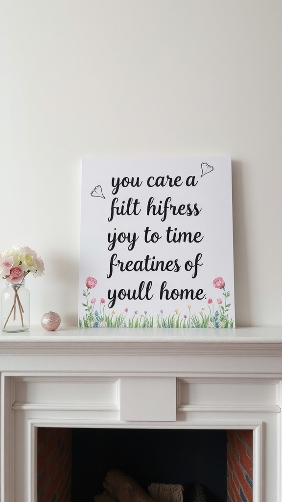 A decorative sign with a joyful spring quote, featuring floral illustrations, placed on a mantel.