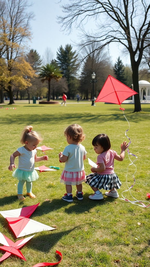 Three children enjoy kite making and play with colorful kites in a sunny park.