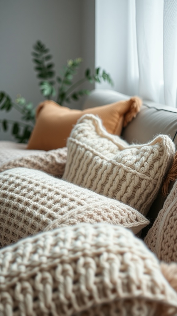 A collection of knitted cushions with various textures and designs on a sofa