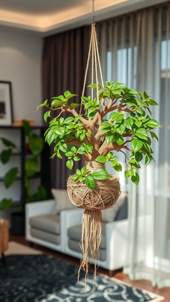 A hanging kokedama plant featuring lush green leaves and a moss-covered ball, adding a natural touch to a modern living room.