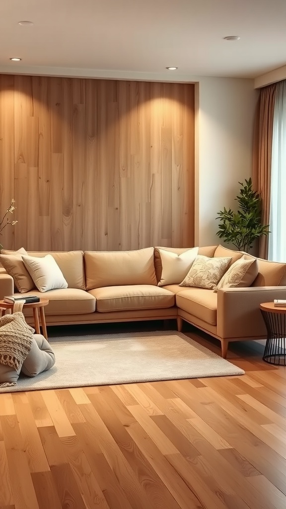 Cozy living room featuring an L-shaped sectional sofa in a warm beige color, complemented by wooden wall panels and a small accent table.