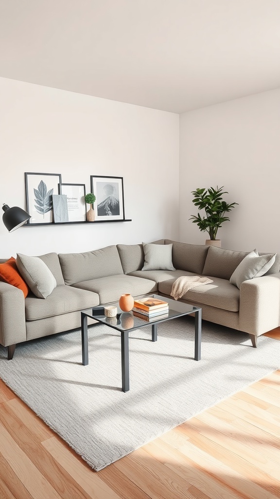 A cozy L-shaped sectional couch in a minimalist living room with a glass coffee table and decorative elements.