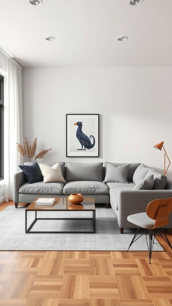 A cozy living room featuring a light gray L-shaped sofa, wooden flooring, and decorative elements.