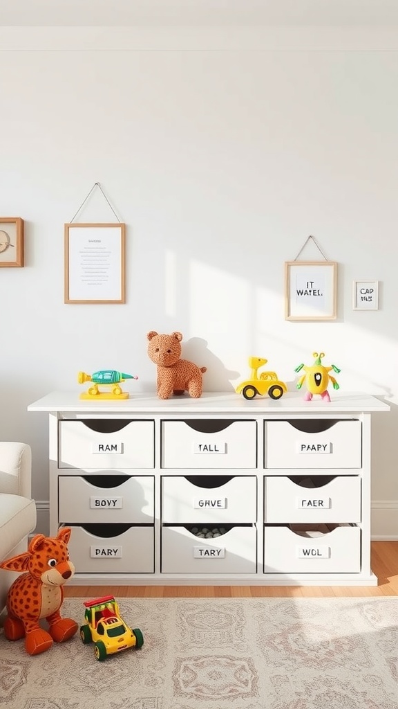 A white storage unit with labeled drawers for toy organization, toys on top, and a playful atmosphere.