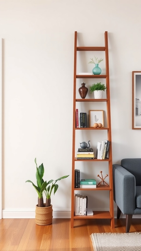 A wooden ladder shelf with books and decorative items next to a plant and a grey couch in a living room