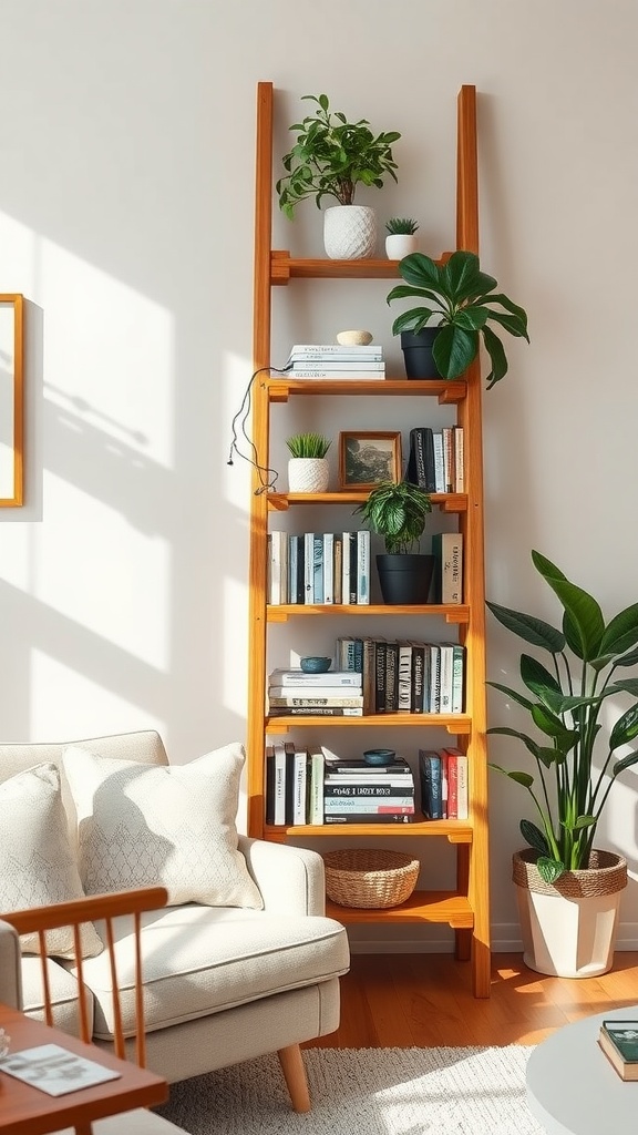 A wooden ladder shelf with plants and books in a bright living room.