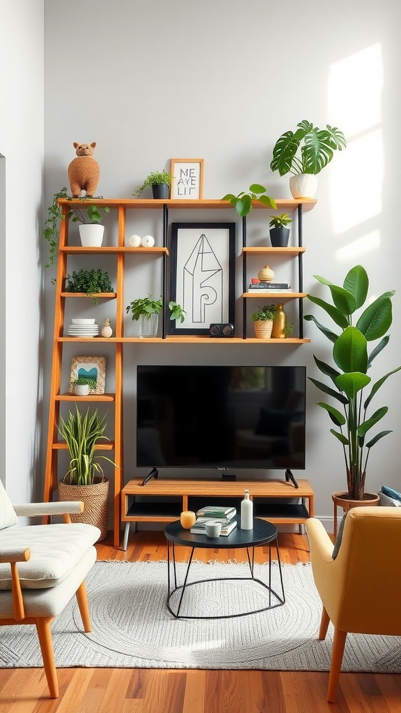 A living room with ladder shelves displaying plants and decor items beside a television.