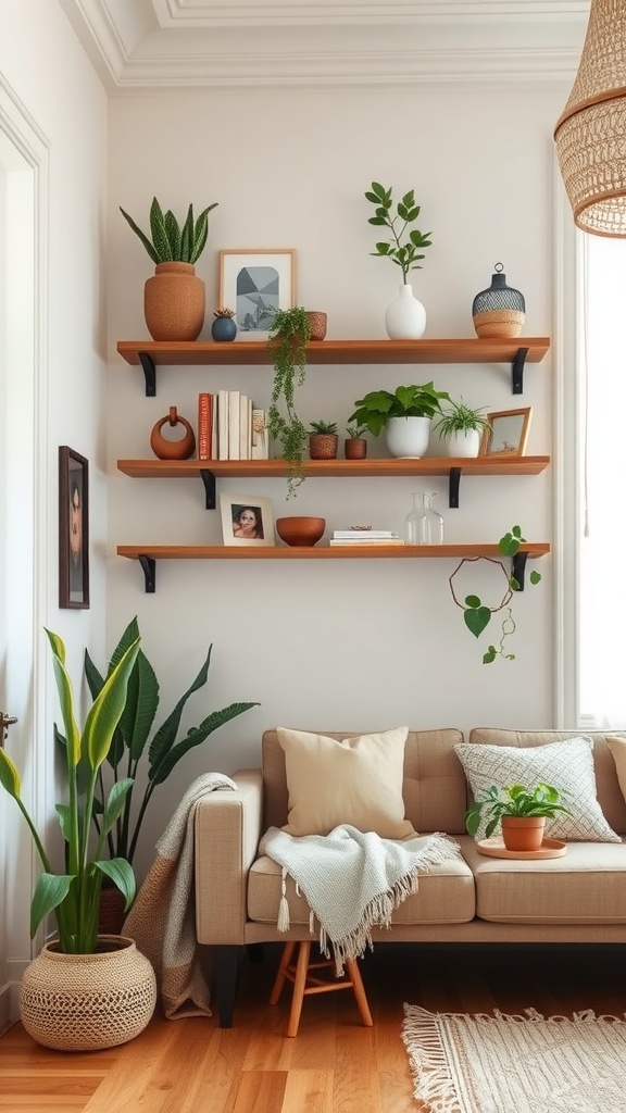 A cozy living room featuring ladder shelves with plants, books, and decorative items.