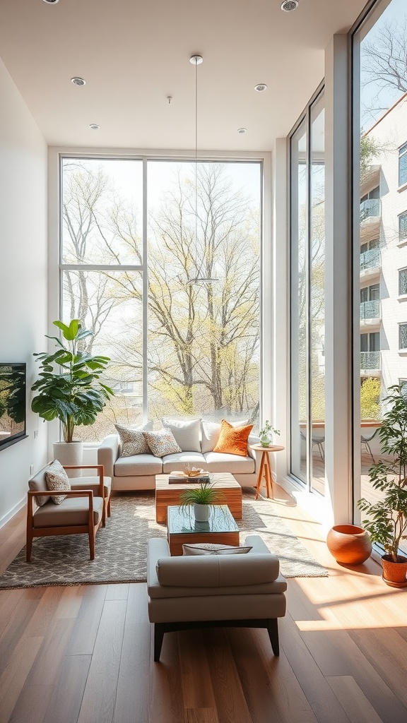 A bright and airy ranch-style living room featuring large windows that let in plenty of natural light