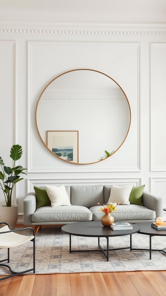 A living room featuring a large round mirror above a light gray sofa with green pillows, surrounded by plants.