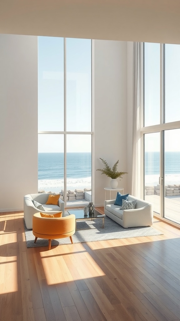 A bright coastal living room with large windows overlooking the ocean, featuring modern furniture and hardwood floors.