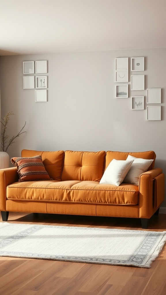 A warm latex brown bed sofa with colorful pillows arranged in a cozy living room setting.