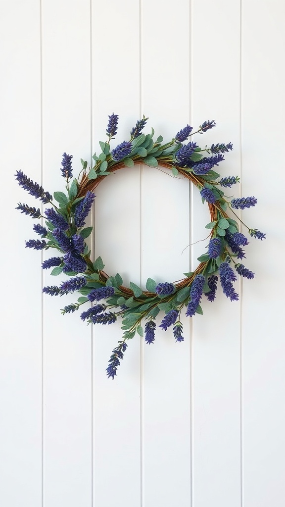 A lavender and eucalyptus wreath hung against a white wall.