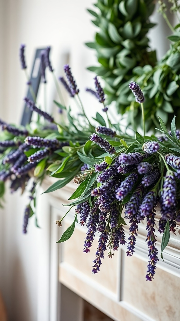 Lavender and sage garland displayed on a mantle, showcasing purple flowers and green leaves.