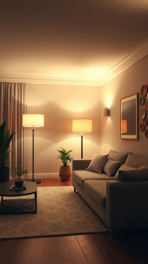 Cozy living room with layered ambient lighting from floor lamps and wall lights, featuring plants and a mirror.