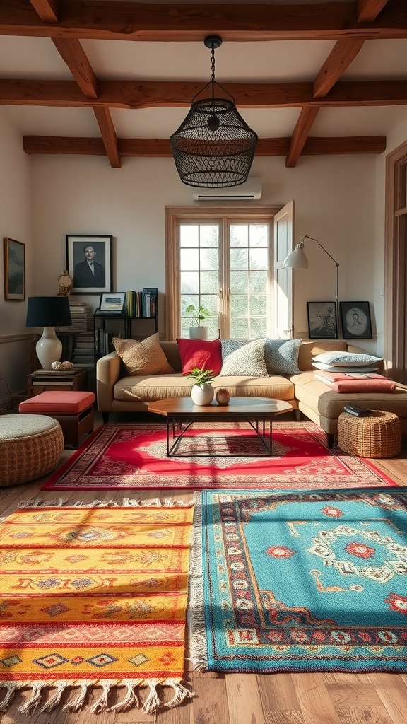 A cozy boho living room featuring layered area rugs in vibrant colors, a comfy sofa, and wooden beams.