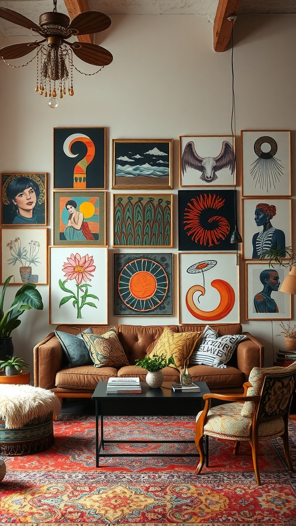 Boho-style living room featuring a layered artwork display on a wall, with a cozy sofa and decorative elements.