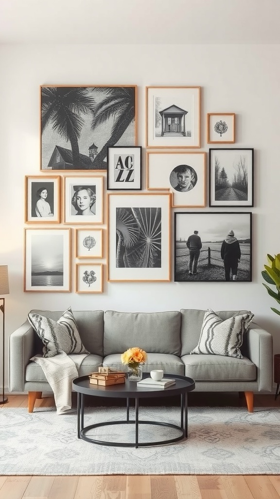 A living room featuring a layered gallery wall with various framed black-and-white artworks above a gray sofa.