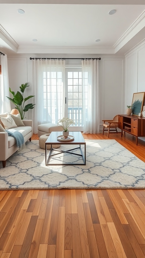 A beige living room with layered rugs, light curtains, and wooden flooring.