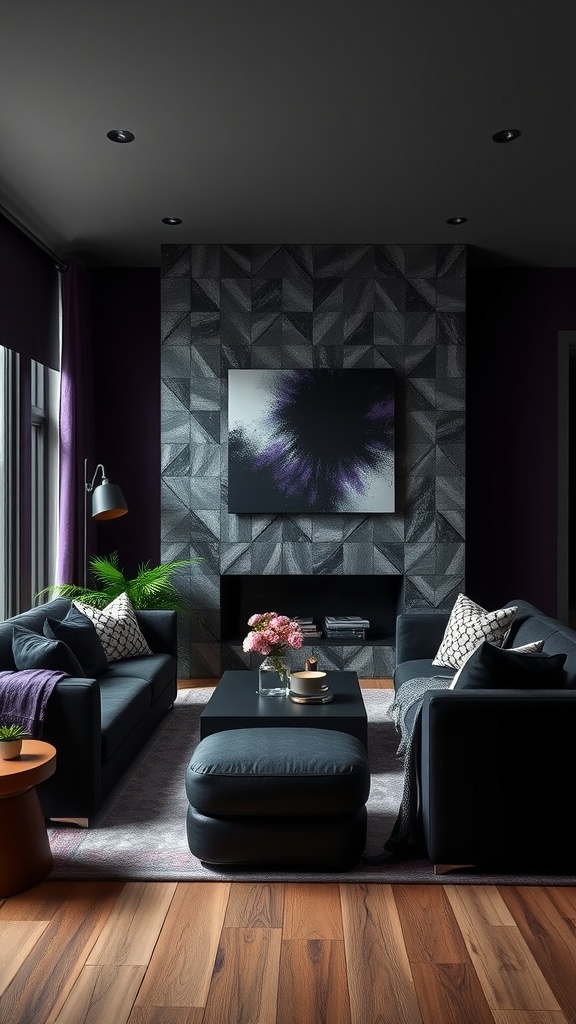 A modern living room featuring layered black and purple textiles with cozy sofas and decorative elements.