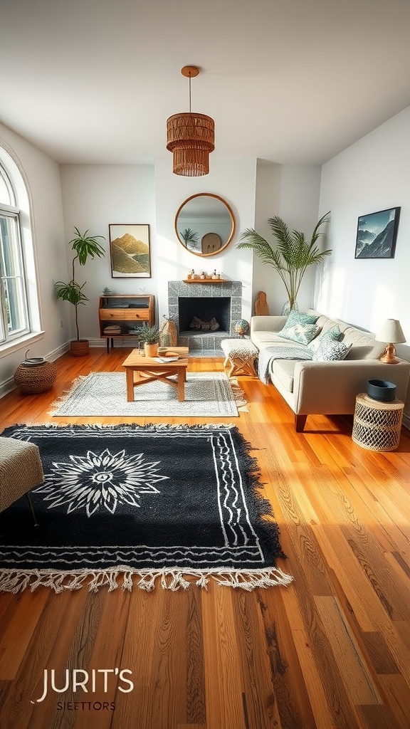 A living room featuring layered black and white rugs with wooden flooring and stylish decor.