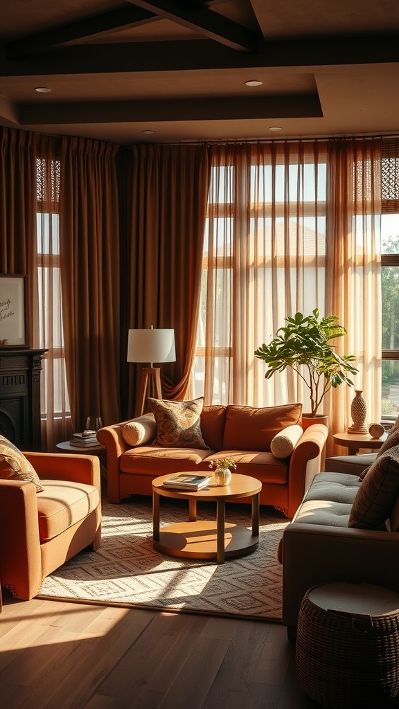 A living room featuring layered shades of brown with cozy furniture and natural light.