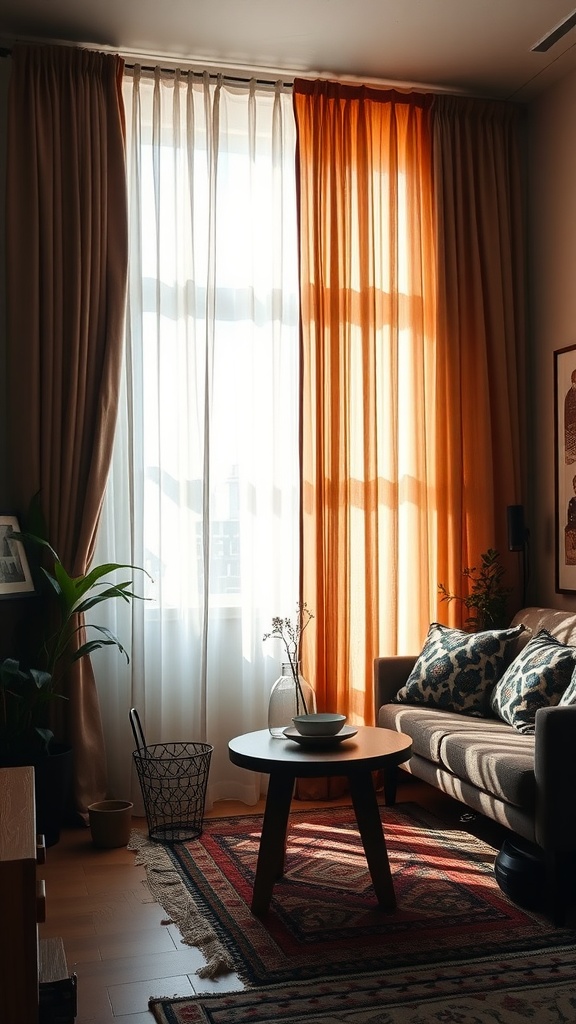 A cozy living room with layered curtains, featuring sheer white and rich orange drapes, a round table, and plants.