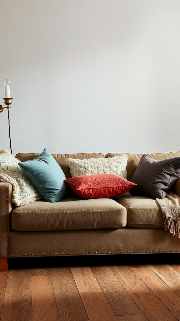 A cozy sofa with layered cushions in various colors and textures, creating an inviting fall atmosphere.