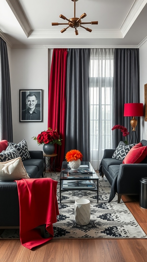 A stylish living room featuring layered fabrics and patterns with a mix of red, gray, and black elements.